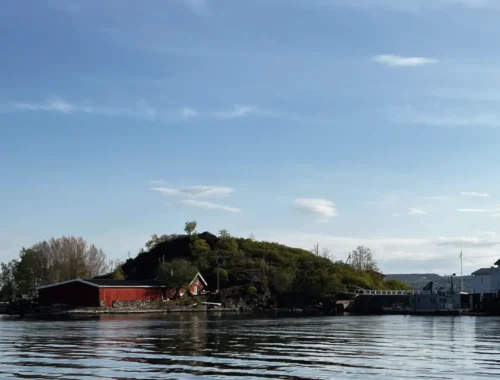 Im Vordergrund Wasser mit einem Gebäude und Hügel. Oslo Städtetrip