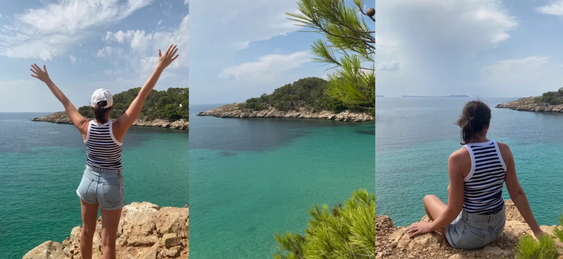 Ibiza: 3 Bilder von einer Bucht.